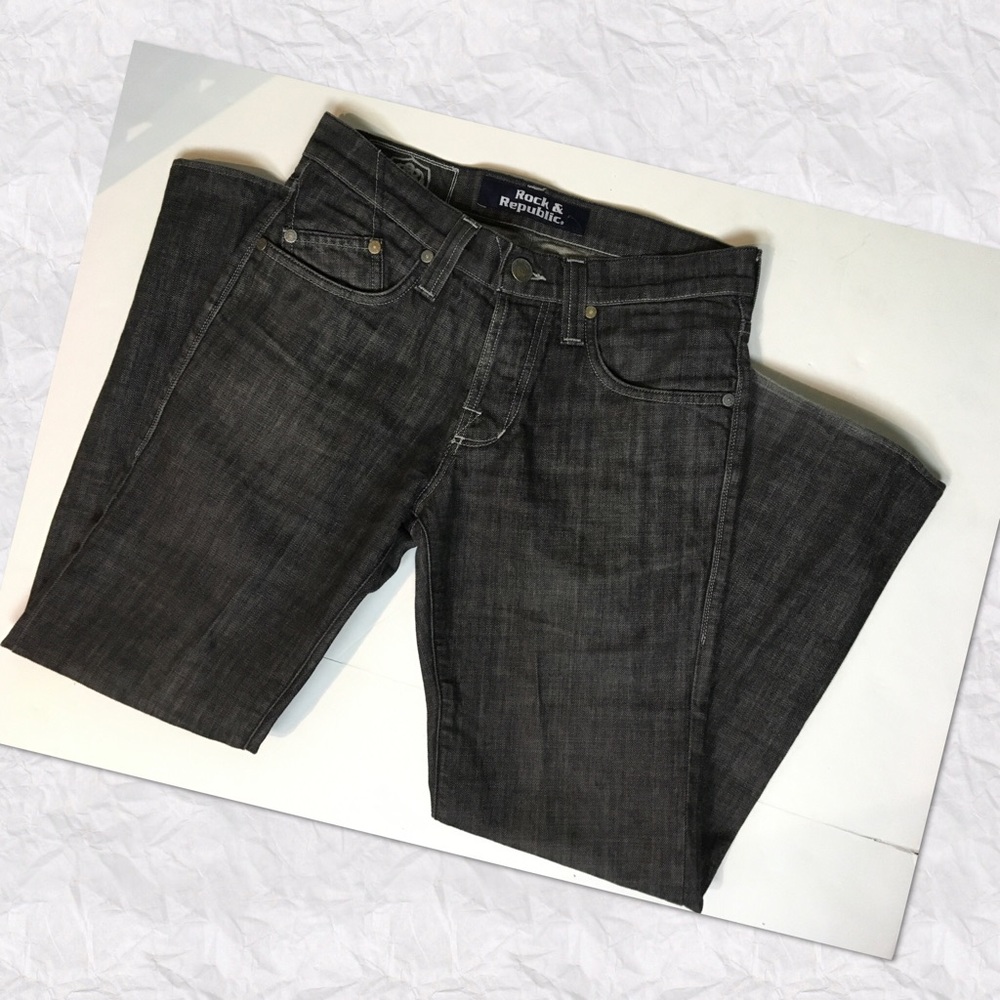 DARK BLUE WHITE ACCENT ROCK & REPUBLIC  BUTTON FLY 32X38 STRAIGHT LEG MEN